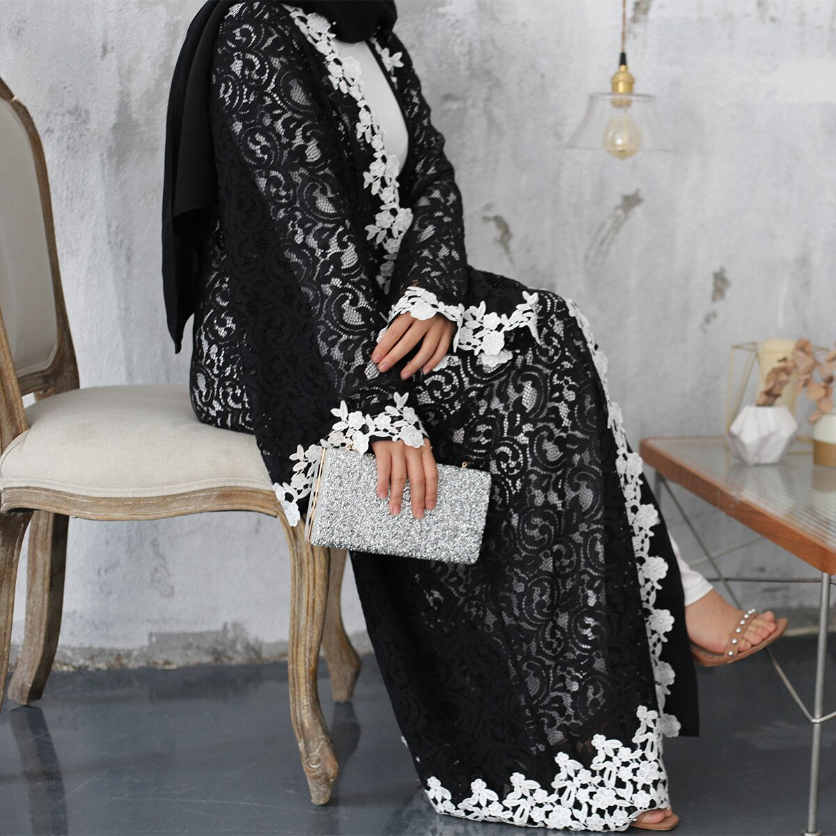 Open Black Lace Abaya With White Embroidery - Arabian Boutique