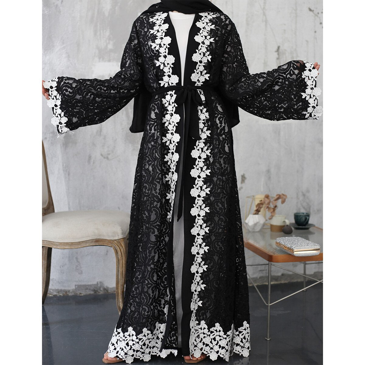 Open Black Lace Abaya With White Embroidery - Arabian Boutique