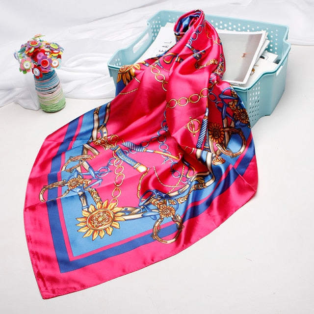 Fashion Print Scarves For Women Silk Satin Hijab Scarf Female 90*90cm Luxury Brand Square Shawl Headband Scarfs For Ladies 2021 - Arabian Boutique