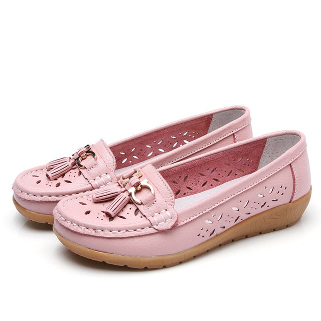 Pink-Leather Tasseled Woman's Flats