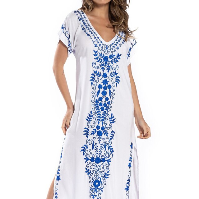 Floral Embroidery Long V-neck Kaftan For Sale - Kaftans | Arabian Boutique