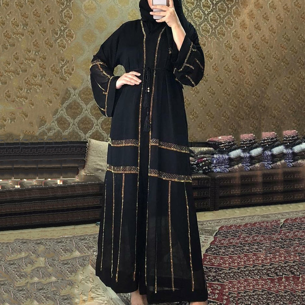 Sequin Tie Waist Rope Abaya Dress - Maxi Abaya Dresses | Arabian Boutique
