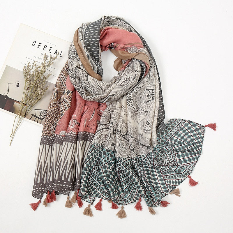 Aztec Floral Tassel Viscose Muslim Hijab Scarf - Muslim Scarf - Islamic Hijab Scarf | Arabian Boutique