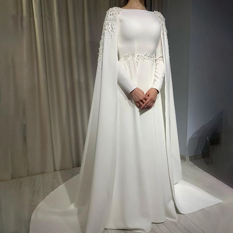 Long Cape Sweep Train Wedding Dress - Muslim Wedding Dresses | Arabian Boutique