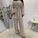 Women Muslim Nida Matching Set Long Sleeve Loose Long Top Tunic + Long Wide Leg Pants Solid Color Turkey Modest 2pcs Pants Sets - Arabian Boutique