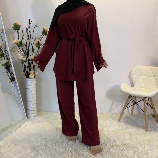 Women Muslim Nida Matching Set Long Sleeve Loose Long Top Tunic + Long Wide Leg Pants Solid Color Turkey Modest 2pcs Pants Sets - Arabian Boutique
