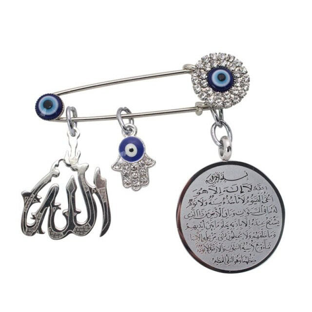 Muslim Islam AYATUL KURSI Allah Turkish Evil Eye Hamsa Hand of Fatima Stainless Steel Scarf Hijab Brooch Baby Pin - Arabian Boutique
