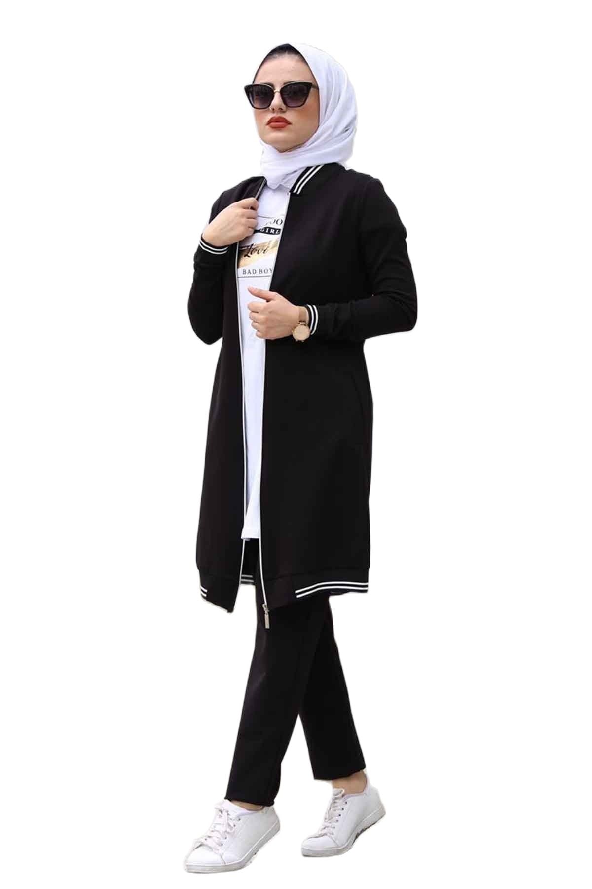 Striped Cuff & Hem Zipper Muslim Jacket - Muslim Jacket - Islamic Coats - Arabian Jacket | Arabian Boutique