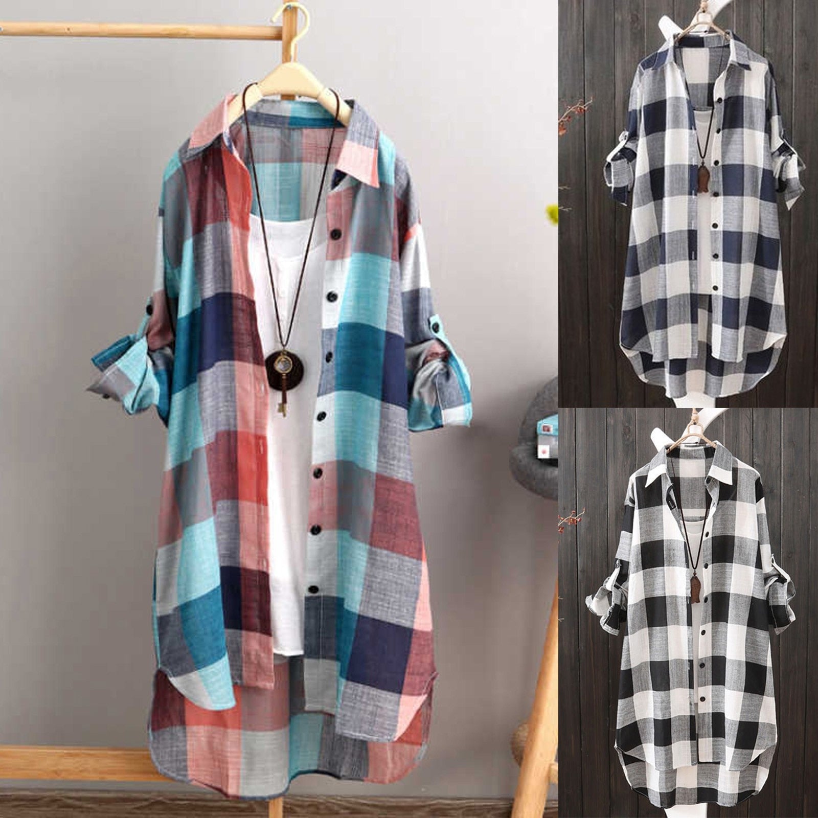 Plaid Casual Loose Button Up Modest Tunic - Muslim Tops | Arabian Boutique