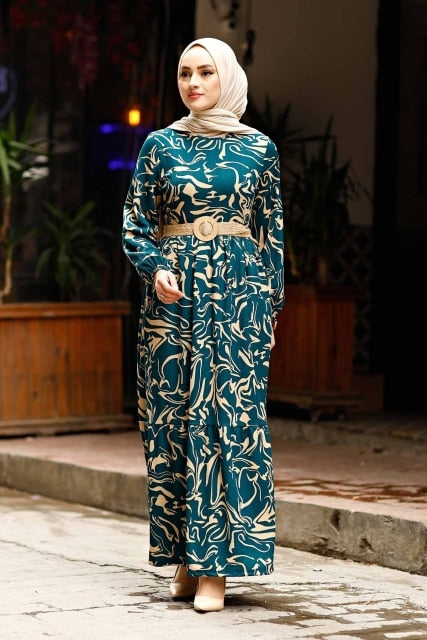 Straw Belt Wave Pattern Muslim Dress Women Luxury Kaftan Dubai Abaya Turkey Musulman For African Hijab Longo Vestidos Modest - Arabian Boutique