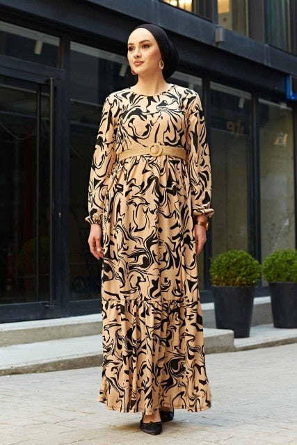 Straw Belt Wave Pattern Muslim Dress Women Luxury Kaftan Dubai Abaya Turkey Musulman For African Hijab Longo Vestidos Modest - Arabian Boutique
