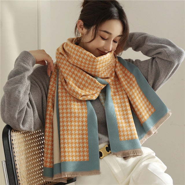 Luxury Brand Plaid Print Winter Scarf Women Cashmere Warm Pashmina Foulard  Female Scarves Long Blanket Thick Soft Shawls Wraps