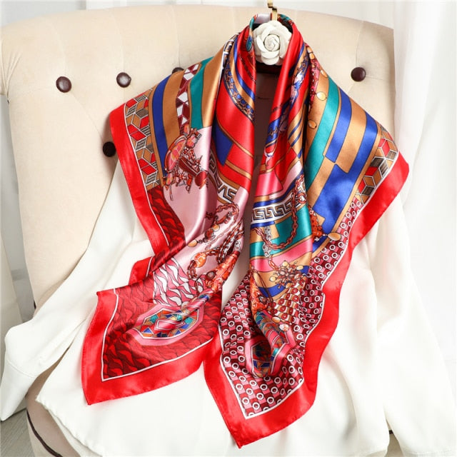 2021 Design Brand Women Silk Scarf Square Chain Print Head Scarfs Female Satin Hijab Scarves Shawl Wrap Lady Headband Foulard - Arabian Boutique