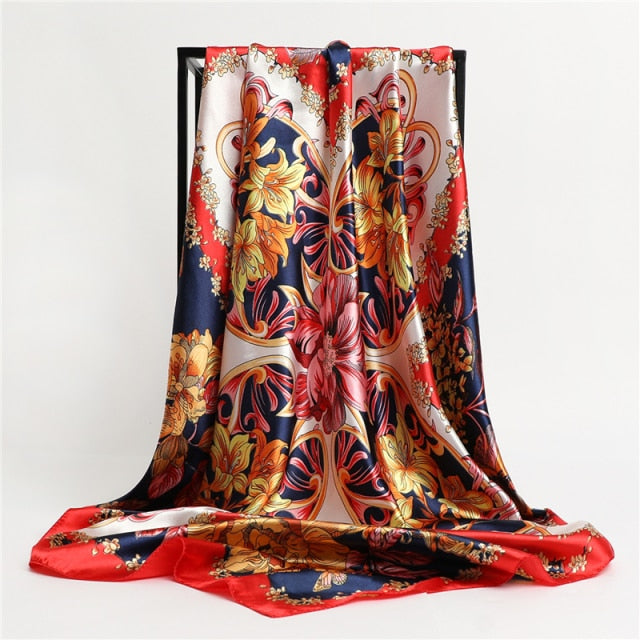 Women's Large Floral Print Hijab Scarf Silk Satin Square Head Shawl  Scarfs 35"