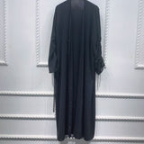 Women Ruched Sleeves Duster Jacket Long Muslim Modest Buttoned Kimono Dubai Abaya Open Front Arabic Outwear Cardigan Caftan - Arabian Boutique