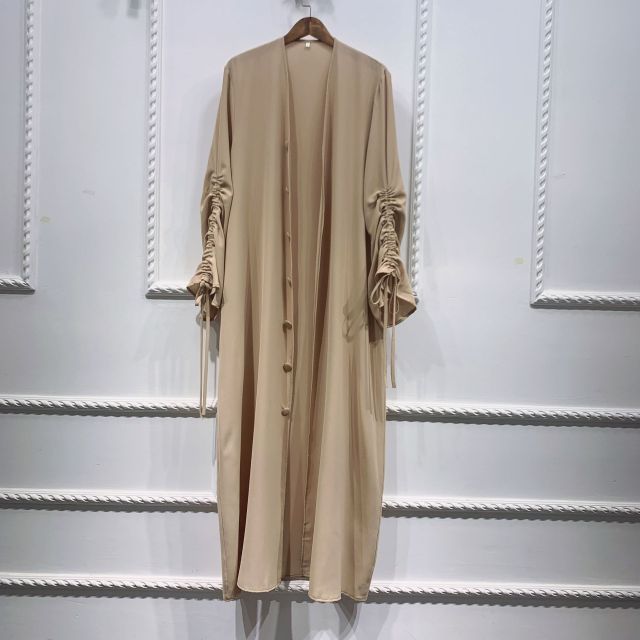 Women Ruched Sleeves Duster Jacket Long Muslim Modest Buttoned Kimono Dubai Abaya Open Front Arabic Outwear Cardigan Caftan - Arabian Boutique