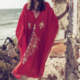 2021 Black Boho Dress Embroidered Robe Beach Cover up Plus size Beach Kaftan Tunic for Beach Pareo Kimono Maxi Dress Beachwear - Arabian Boutique