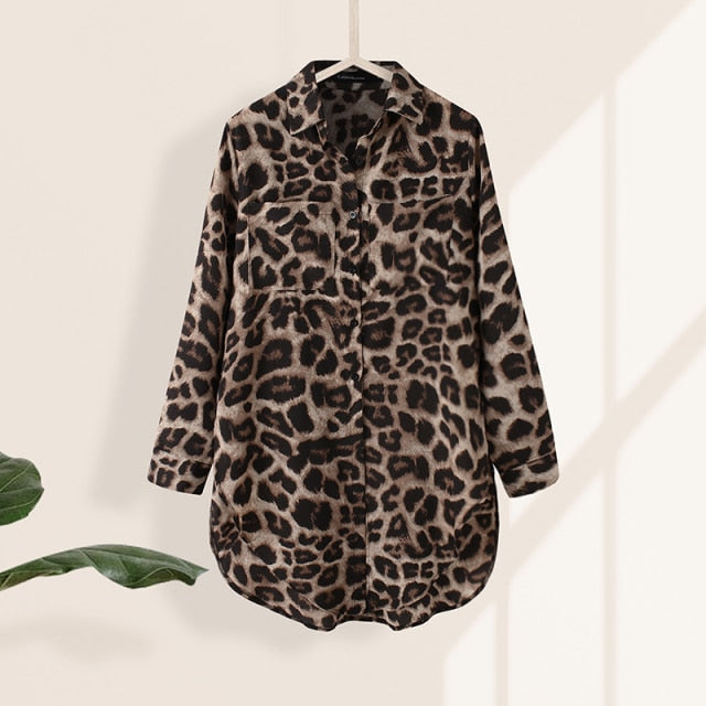 Tunics Women Shirts Vintage 2021 Celmia Autumn Leopard Print Long Blouses Elegant Long Sleeve Office Tops Casual Loose Blusas - Arabian Boutique