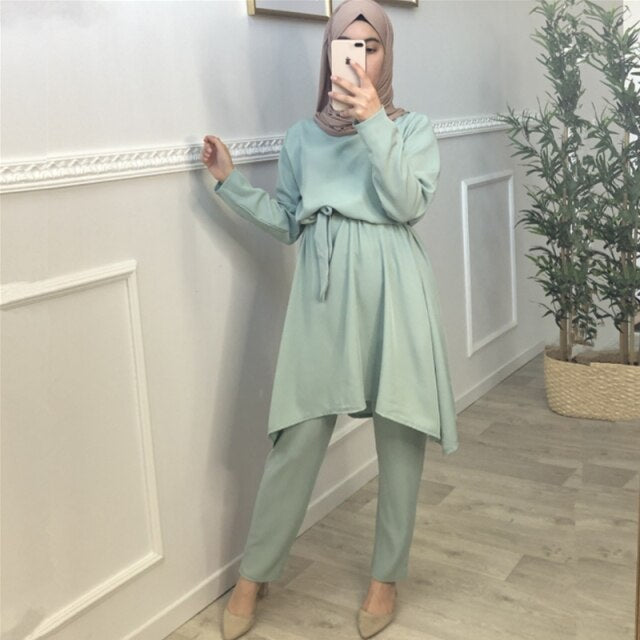 2 Piece Matching Eid Women Hijab Muslim Outfit Dubai Arabic Modest  Plain Blouse Top With Pants Abaya Sets Islamic Clothes Niqab - Arabian Boutique