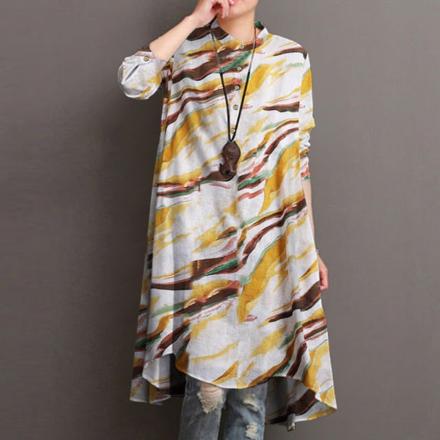 2021 ZANZEA Autumn Women's Floral Blouses Elegant Shirt Vestidos Casual Long Sleeve Long Tops Female Printed Tunic - Arabian Boutique