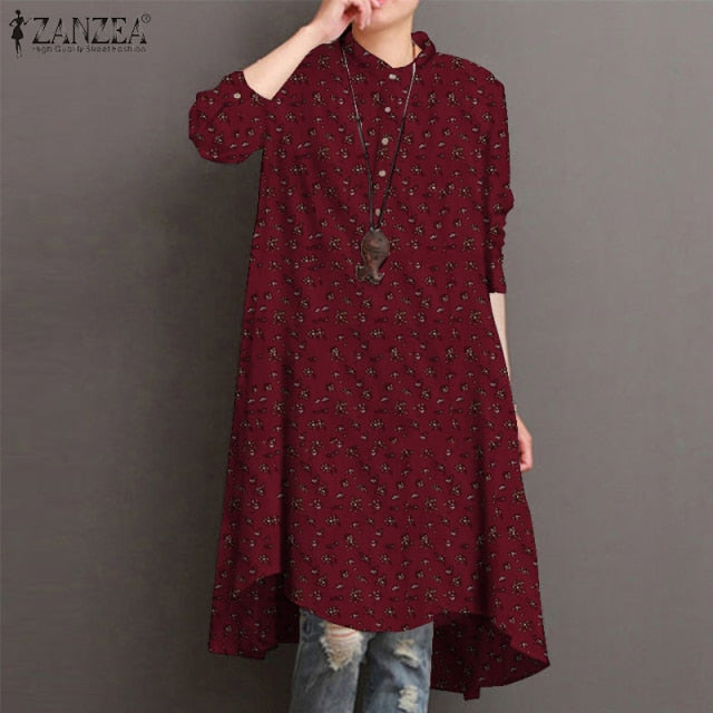 2021 ZANZEA Autumn Women's Floral Blouses Elegant Shirt Vestidos Casual Long Sleeve Long Tops Female Printed Tunic - Arabian Boutique