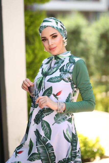 Muslim Swimwear Islamic Women  Burkinis Wear Bath Fully Covered Hijab burkini Veiling Swimwears Blue/Green Leaves Made in Turkey - Arabian Boutique