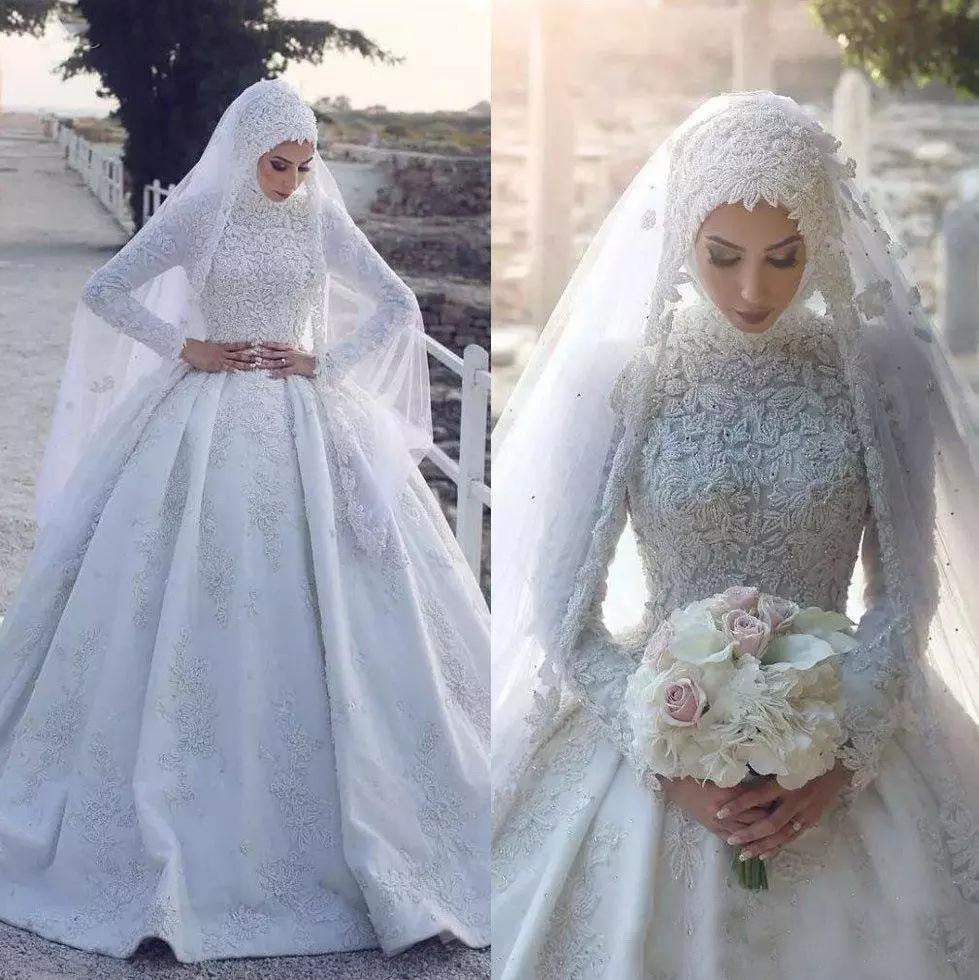 Muslim A Line Wedding Dress High Neck Long Sleeve Lace Appliques Bride  Dresses Bridal Gowns Robes De Mariée - Wedding Dresses - AliExpress